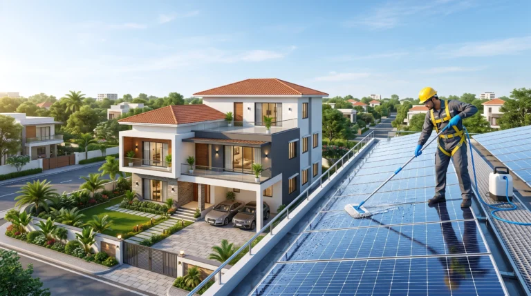 Professional technician cleaning rooftop solar panels on a modern Indian home to improve solar panel efficiency and maximize electricity generation.