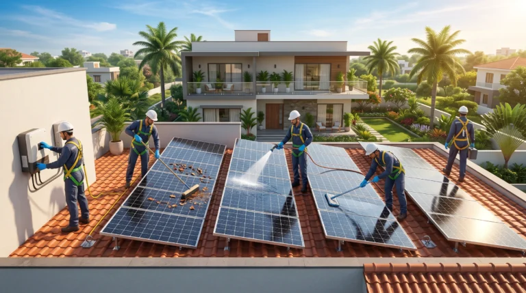 Step-by-step process of cleaning rooftop solar panels using safe methods including soft brushes, clean water, and microfiber cloth.