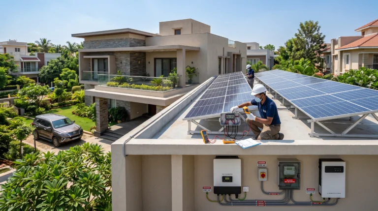 Professional inspection of a rooftop solar system including solar panels, inverter, electrical wiring, mounting structure, and performance checks.