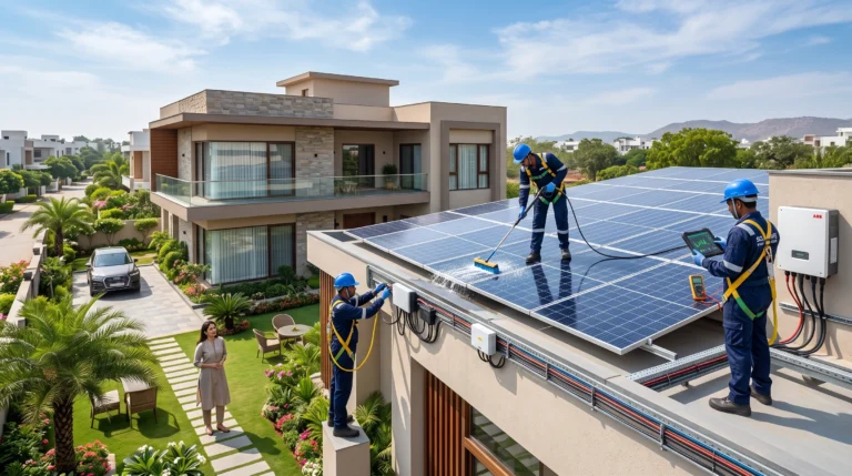 Professional solar maintenance team inspecting and cleaning rooftop solar panels on a modern residential home.