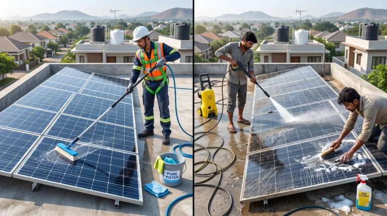 Comparison showing safe and unsafe methods for cleaning rooftop solar panels to prevent damage and maintain optimal performance.