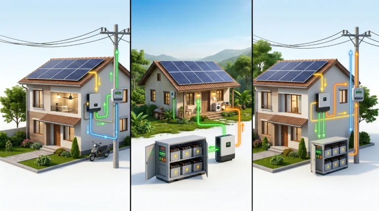 Comparison of On-Grid, Off-Grid and Hybrid Solar Systems showing features, battery requirements, backup power and net metering