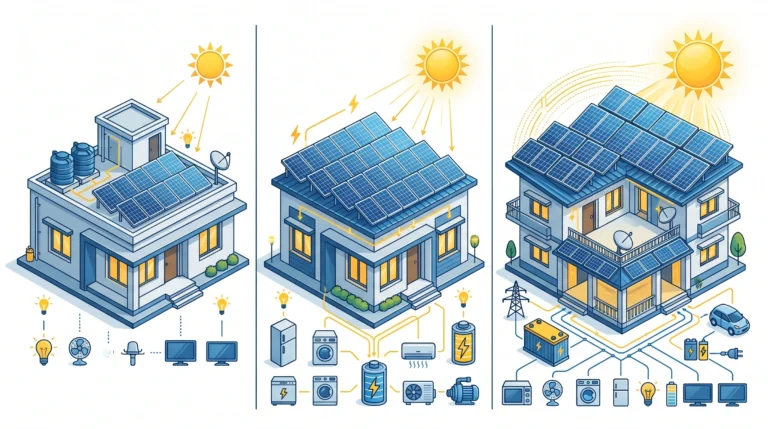 Comparison of 3KW, 5KW and 10KW rooftop solar systems showing panel quantity and home size