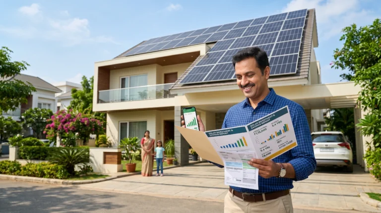 Solar payback period illustration showing rooftop solar panels generating long-term savings and return on investment for homeowners