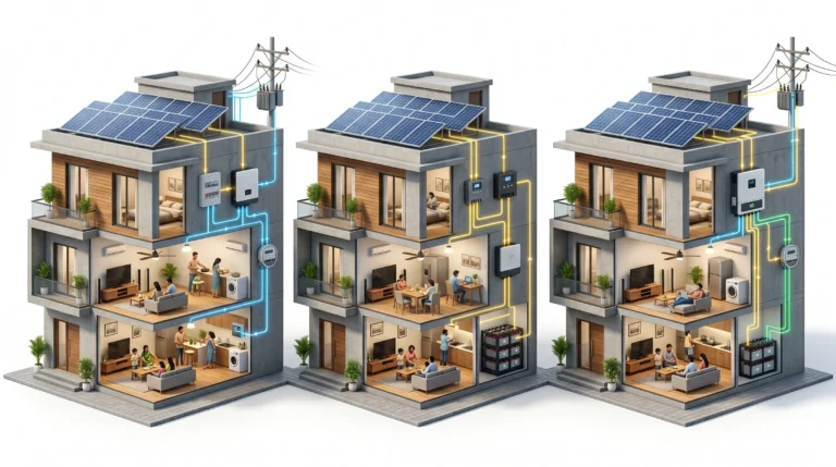 Working principle of On-Grid, Off-Grid and Hybrid Solar Systems with solar panels, inverter, batteries and grid connection