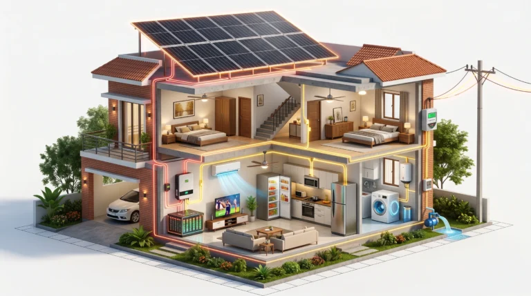 Hybrid Solar System showing energy flow between rooftop solar panels, battery storage, utility grid and household appliances