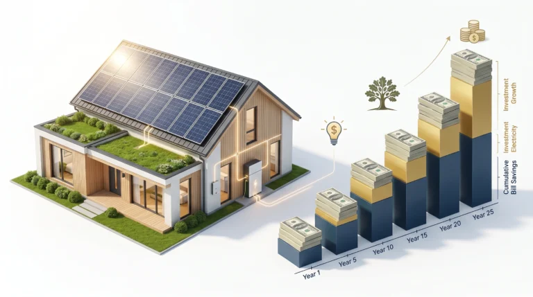 Long-term solar savings visualization showing reduced electricity expenses over 25 years