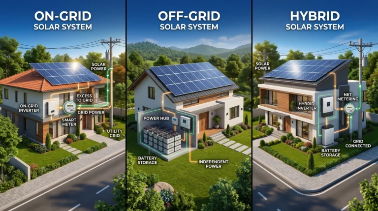 On-Grid vs Off-Grid vs Hybrid Solar System comparison showing rooftop solar panels, battery storage, net metering, and grid connection for residential homes
