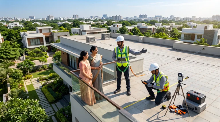 Certified solar engineers conducting a rooftop site survey and recommending the ideal residential solar system for a Hyderabad homeowner.