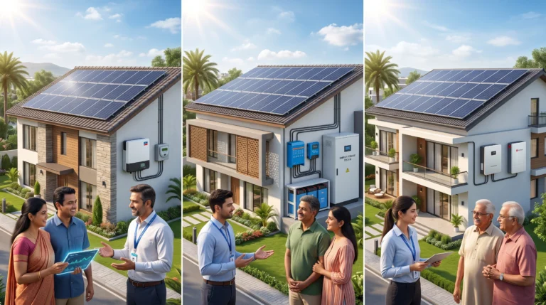 Comparison of on-grid, off-grid, and hybrid residential rooftop solar systems installed on modern Hyderabad homes.
