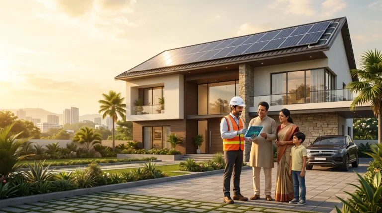 Happy family standing outside a modern Hyderabad home with rooftop solar panels after completing a professional residential solar installation.