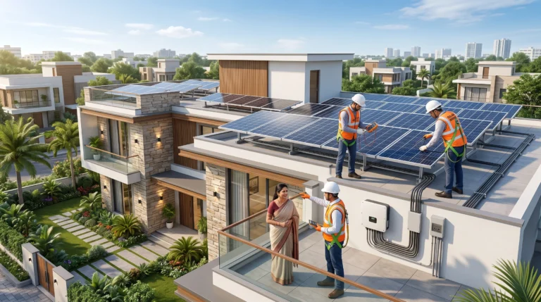 Professionally installed high-efficiency rooftop solar panels on a modern independent house in Hyderabad.